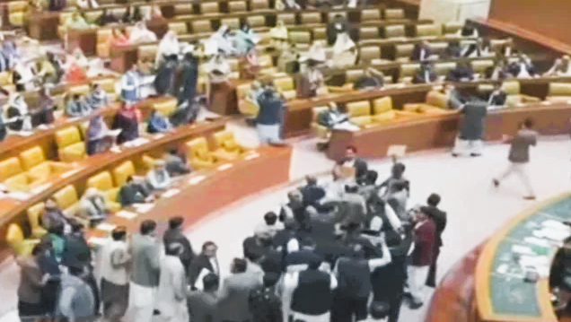 PTI-backed SIC lawmakers gather before the speaker's dice inside the Punjab Assembly
